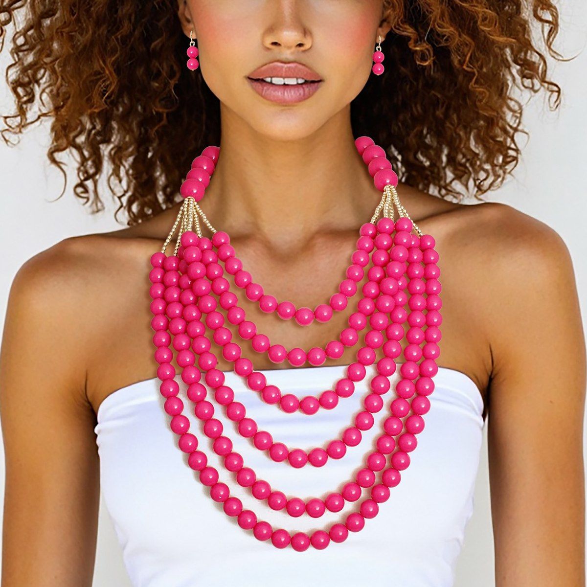 Beaded Long Layer 6 Strand Pink Chunky Necklace