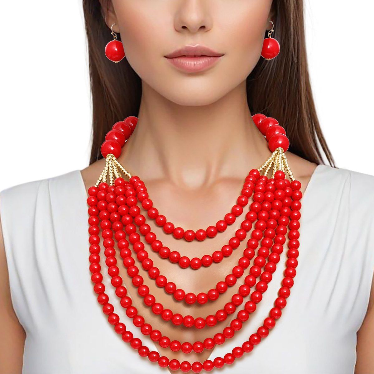 Beaded Long Layer 6 Strand Red Chunky Necklace
