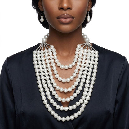 White Pearl Long Layer 6 Strand Chunky Necklace