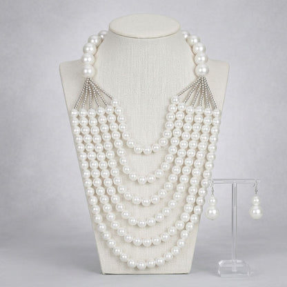 White Pearl Long Layer 6 Strand Chunky Necklace