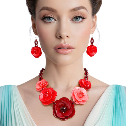 Collar Burgundy Chunky 3D Flower Link Necklace Set