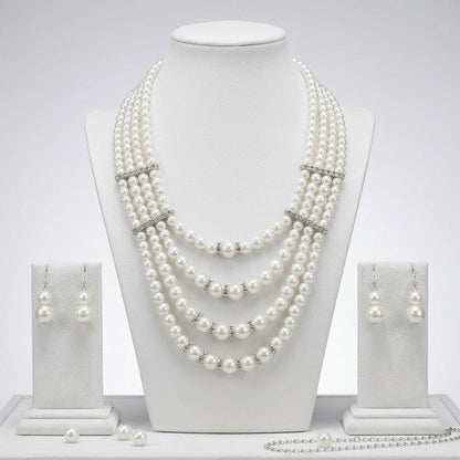 4 Strand White Glass Pearl Rhinestone Necklace