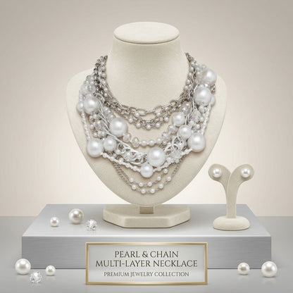 White Pearl 13 Strand Layered Silver Chain Necklace