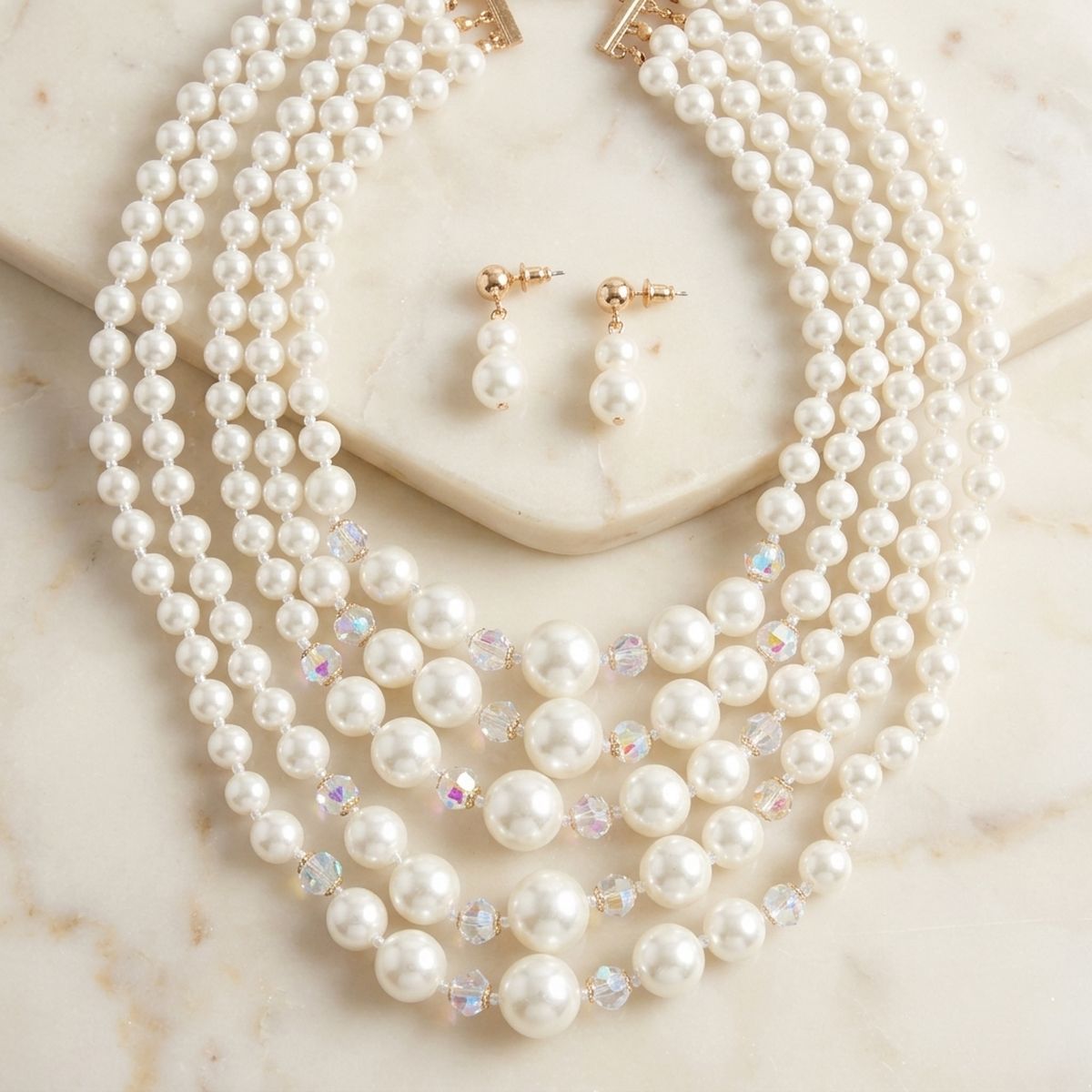 Cream Pearl & Faceted Bead 5 Strand Necklace