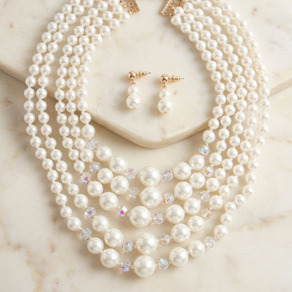 Cream Pearl & Faceted Bead 5 Strand Necklace