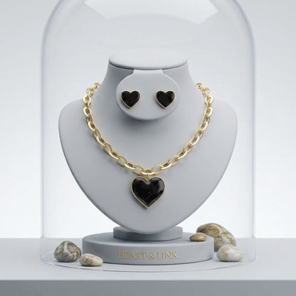 Black Heart Pendant Gold Oval Chain Necklace