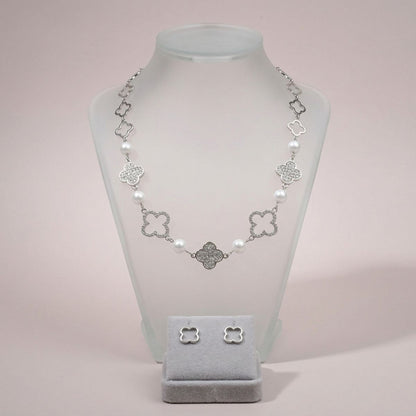 Silver Pave Quatrefoil Clover Cotton Pearl Necklace