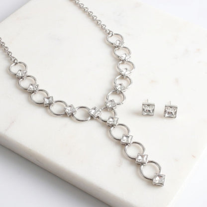 Y Silver Round Link Clear Glass Pyramid Necklace