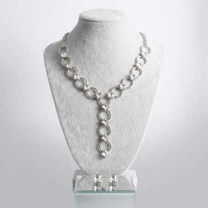 Y Silver Round Link Clear Glass Pyramid Necklace