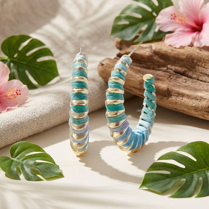 Mixed Blue Raffia Wrapped Hoops