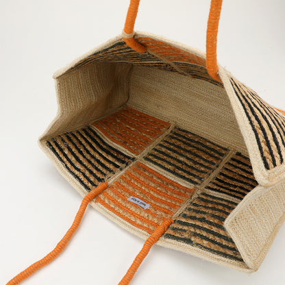 Woven Color Block Stripe Wooden Tassel Straw Tote Bag
