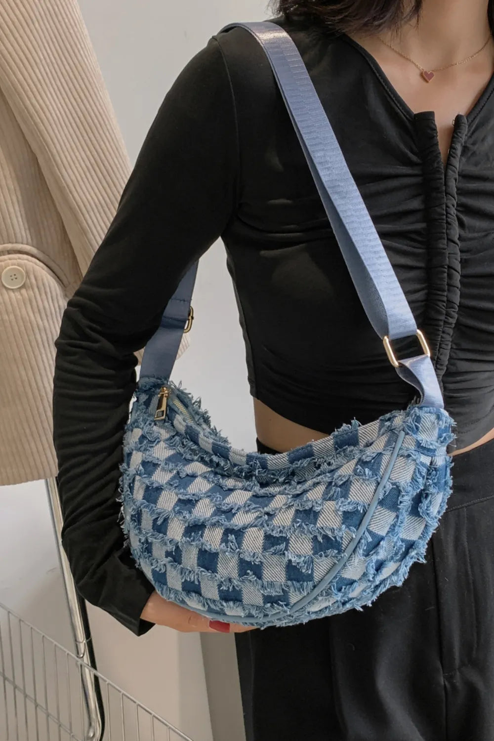 Denim Checkered Shoulder Bag
