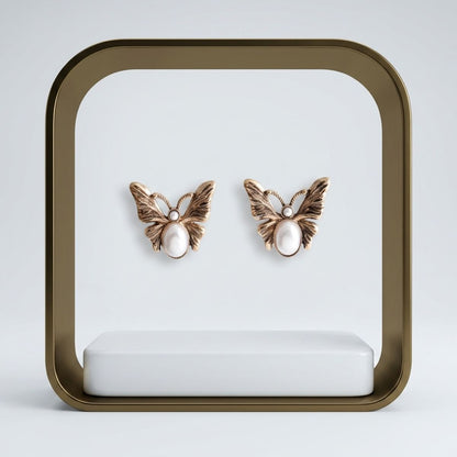 Opulent Gold Butterfly Cream Pearl Stud Earrings