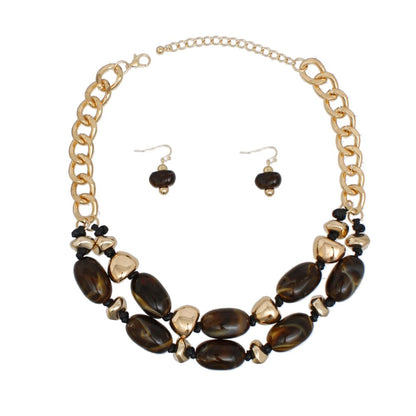 Beaded Deep Marbled Brown Gold Chain Necklace