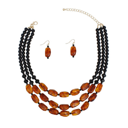 Beaded Warm Caramel Swirls 3 Layer Necklace Women