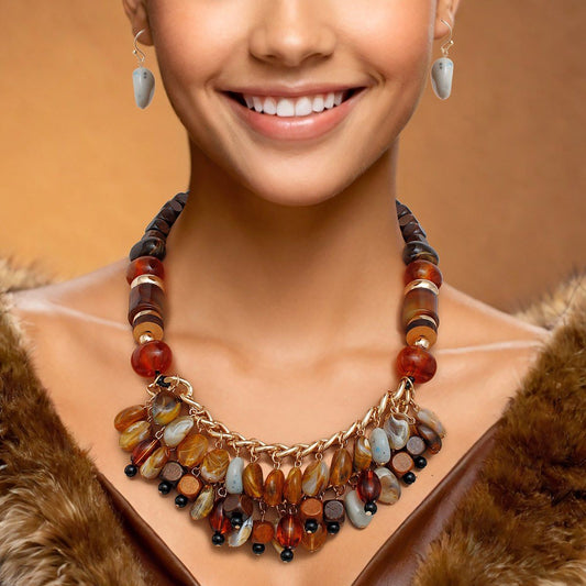 Beaded Earthy Raw Wood and Stone Drop Necklace