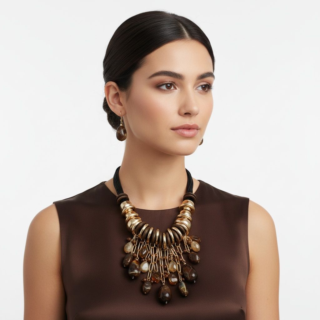 Beaded Brown Stone Global Artisan Leather Necklace