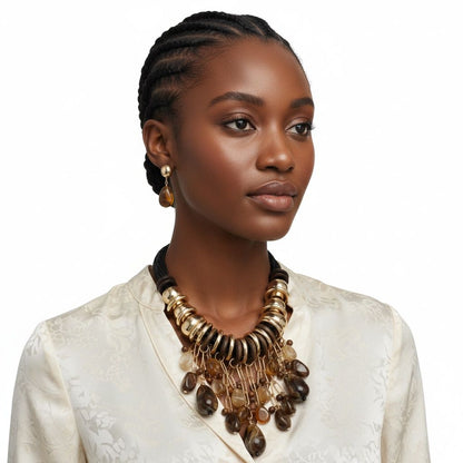 Beaded Brown Stone Global Artisan Leather Necklace