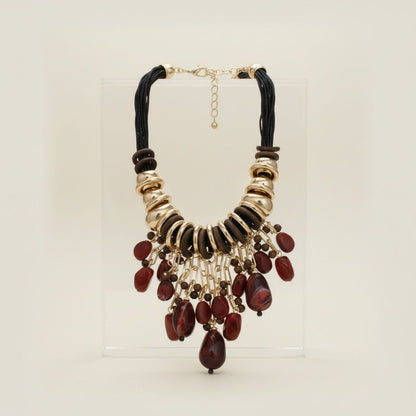 Beaded Brown Stone Global Artisan Leather Necklace