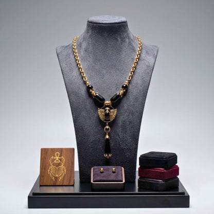 Egyptian Gold Scarab Black Pendant Necklace