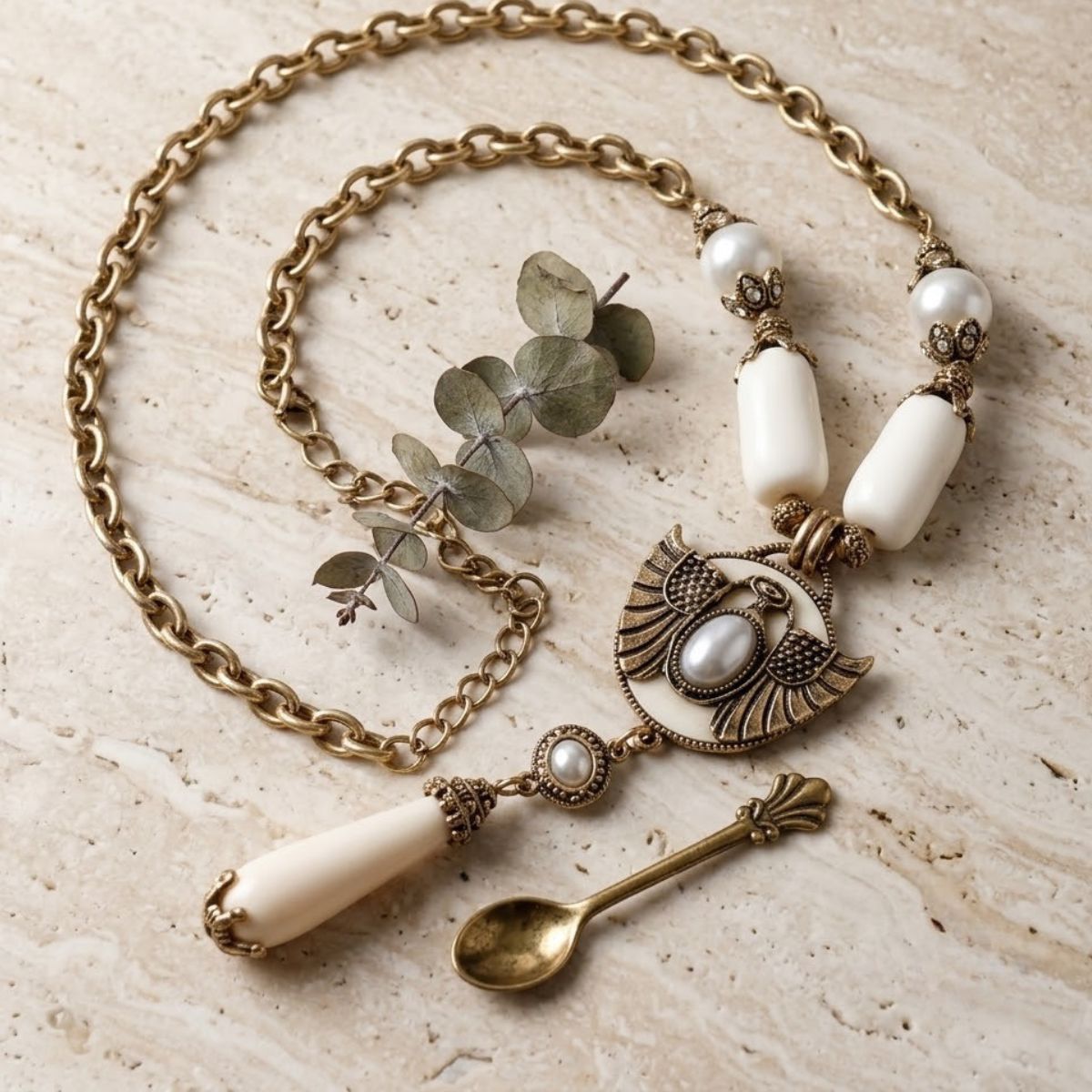 Egyptian Gold Scarab Ivory Pendant Necklace
