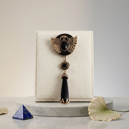 Egyptian Gold Scarab Black Dangle Brooch Pin
